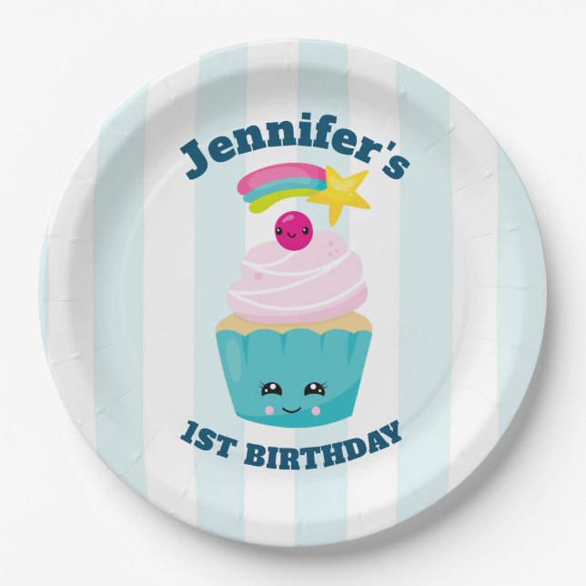 Cute Blue Cupcake with Kawaii Face Birthday Paper Plates (Front)