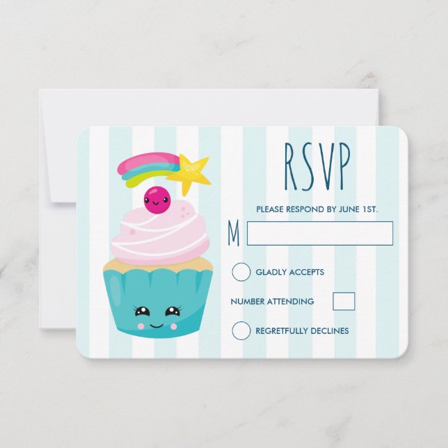 Cute Blue Cupcake with Kawaii Face Birthday RSVP Card (Front)