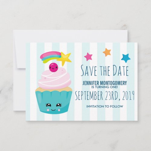 Cute Blue Cupcake with Kawaii Face Birthday Save The Date
