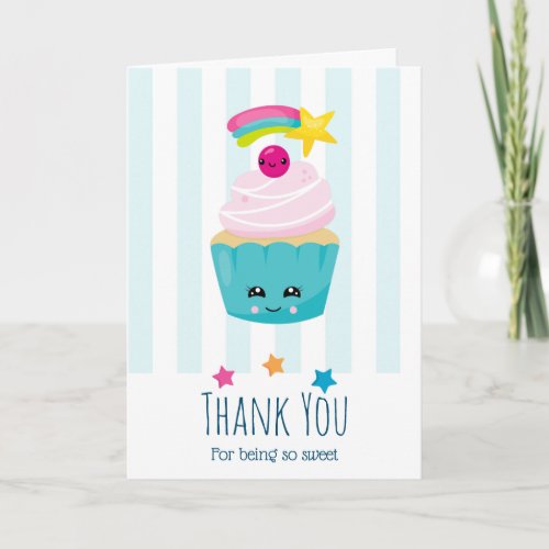 Cute Blue Cupcake with Kawaii Face Birthday Thanks Card
