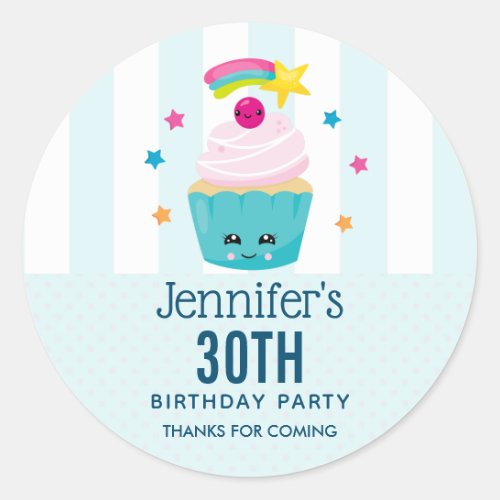 Cute Blue Cupcake with Kawaii Face Birthday Thanks Classic Round Sticker