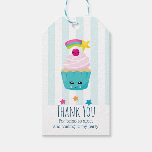 Cute Blue Cupcake with Kawaii Face Birthday Thanks Gift Tags