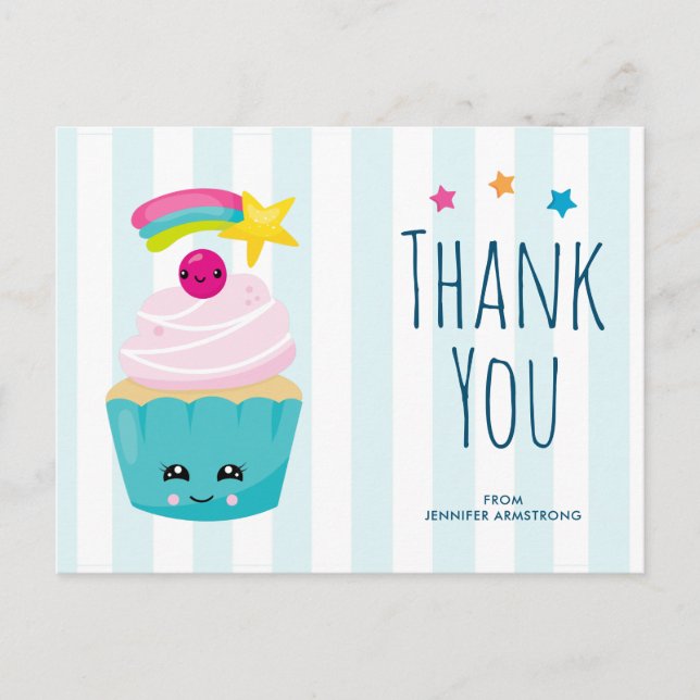 Cute Blue Cupcake with Kawaii Face Birthday Thanks Postcard (Front)