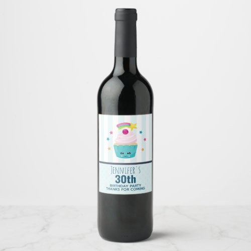Cute Blue Cupcake with Kawaii Face Birthday Thanks Wine Label