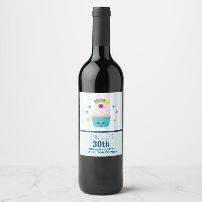 Cute Blue Cupcake with Kawaii Face Birthday Thanks Wine Label (Front)