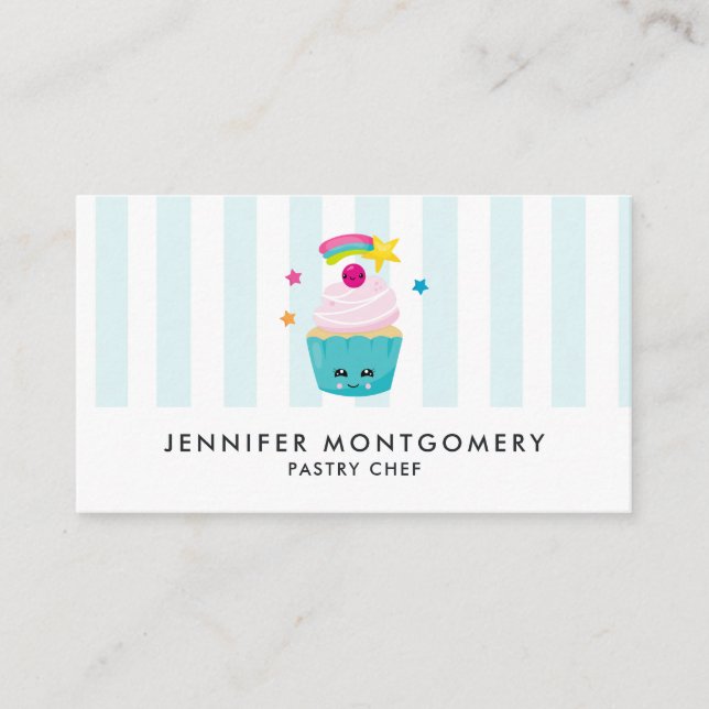 Cute Blue Cupcake with Kawaii Face Business Card (Front)
