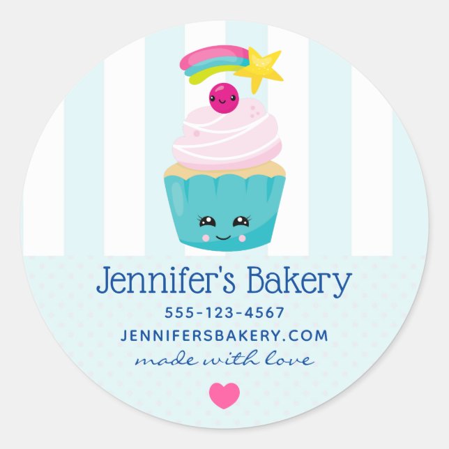 Cute Blue Cupcake with Kawaii Face Business Classic Round Sticker (Front)