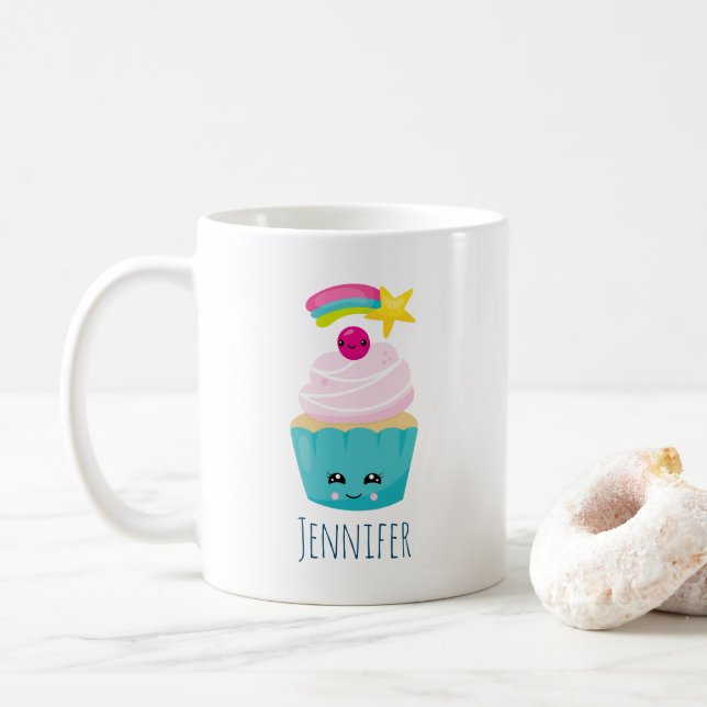 Cute Blue Cupcake with Kawaii Face Coffee Mug (With Donut)