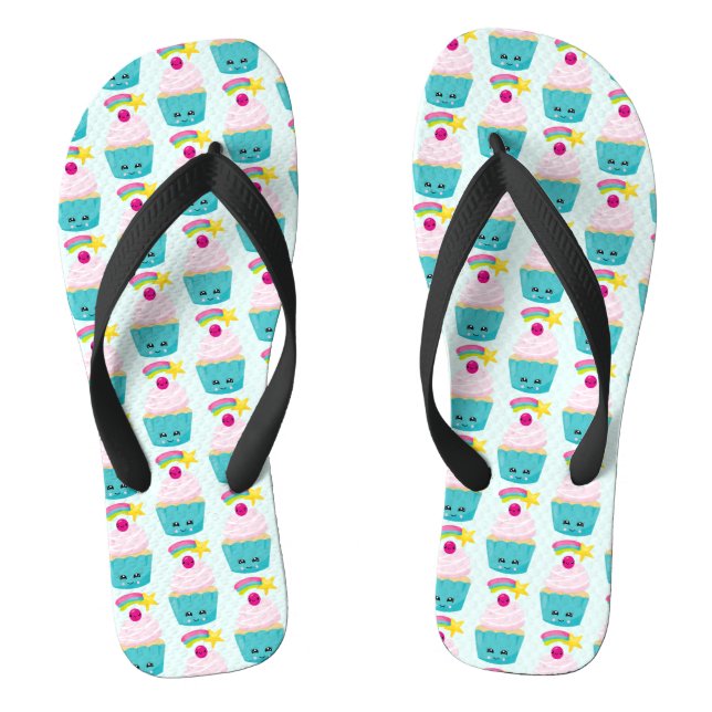Cute Blue Cupcake with Kawaii Face Flip Flops (Footbed)