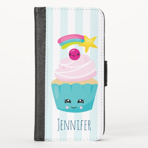 Cute Blue Cupcake with Kawaii Face iPhone X Wallet Case