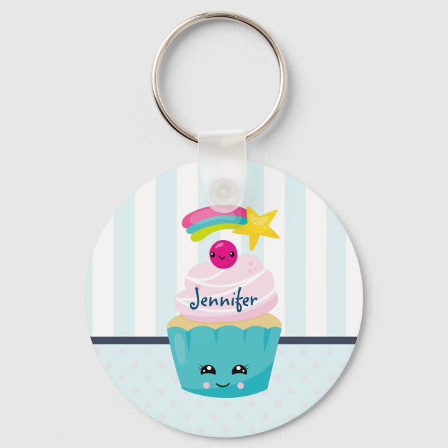 Cute Blue Cupcake with Kawaii Face Keychain (Front)