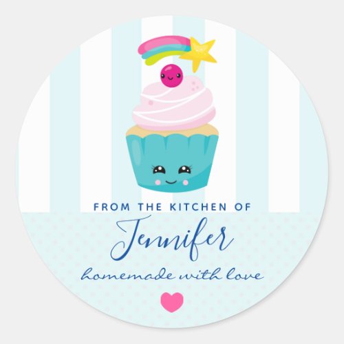 Cute Blue Cupcake with Kawaii Face  Kitchen Classic Round Sticker