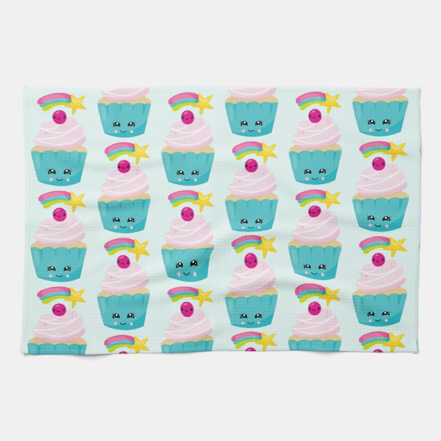 Cute Blue Cupcake with Kawaii Face Kitchen Towel (Horizontal)