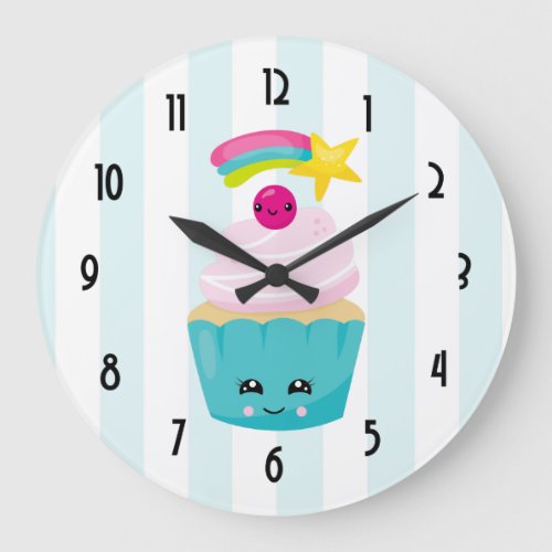 Cute Blue Cupcake with Kawaii Face Large Clock