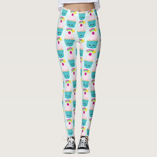Cute Blue Cupcake with Kawaii Face Leggings (Front)