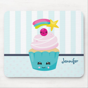 Cute Blue Cupcake with Kawaii Face Mouse Pad