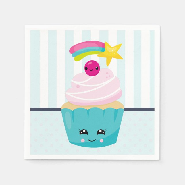 Cute Blue Cupcake with Kawaii Face Napkins (Front)