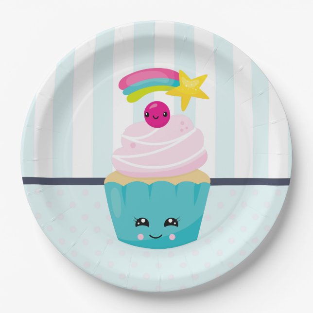 Cute Blue Cupcake with Kawaii Face Paper Plates (Front)