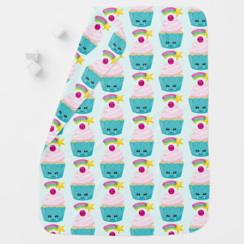 Cute Blue Cupcake with Kawaii Face Pattern Baby Blanket