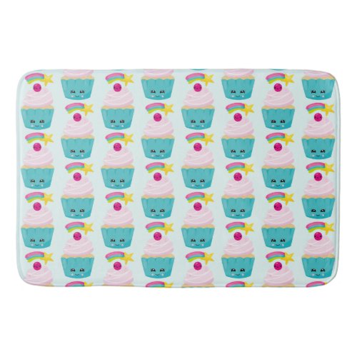 Cute Blue Cupcake with Kawaii Face Pattern Bath Mat