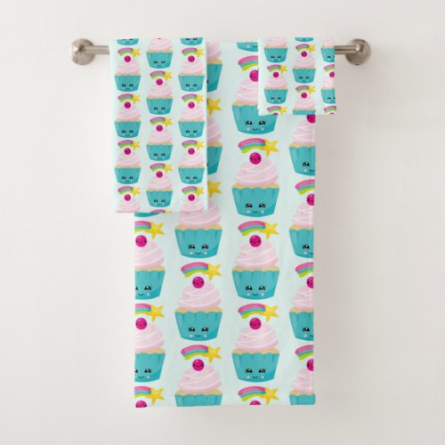 Cute Blue Cupcake with Kawaii Face Pattern Bath Towel Set