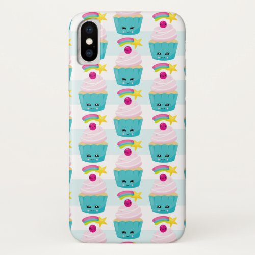 Cute Blue Cupcake with Kawaii Face Pattern iPhone XS Case