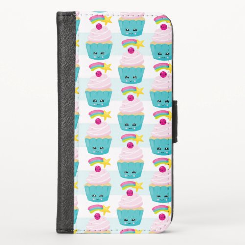 Cute Blue Cupcake with Kawaii Face Pattern iPhone X Wallet Case