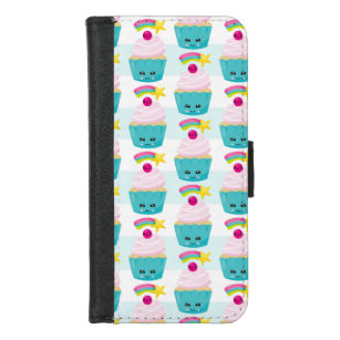 Cute Blue Cupcake with Kawaii Face Pattern iPhone 8/7 Wallet Case