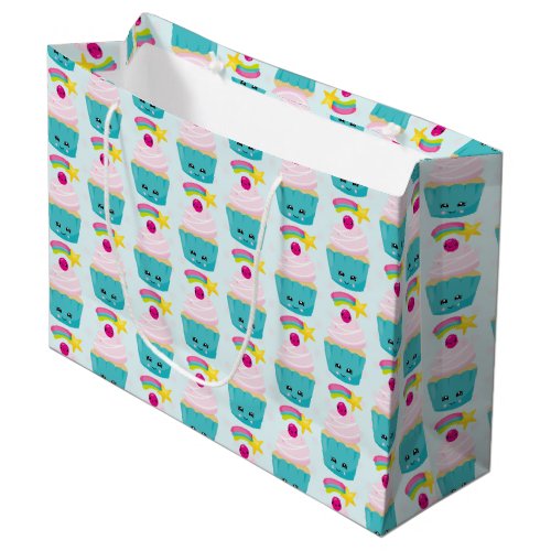 Cute Blue Cupcake with Kawaii Face Pattern Large Gift Bag
