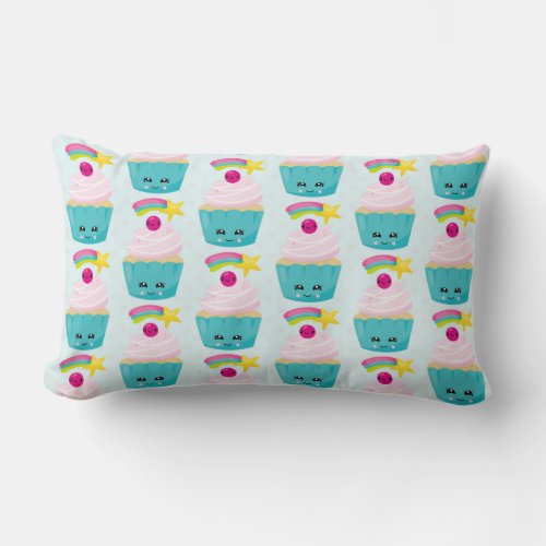 Cute Blue Cupcake with Kawaii Face Pattern Lumbar Pillow