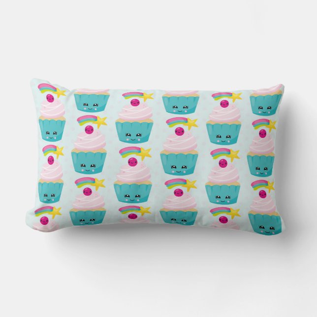 Cute Blue Cupcake with Kawaii Face Pattern Lumbar Pillow (Front)
