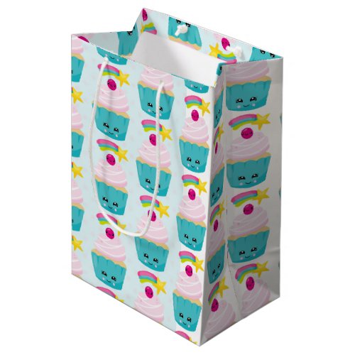 Cute Blue Cupcake with Kawaii Face Pattern Medium Gift Bag