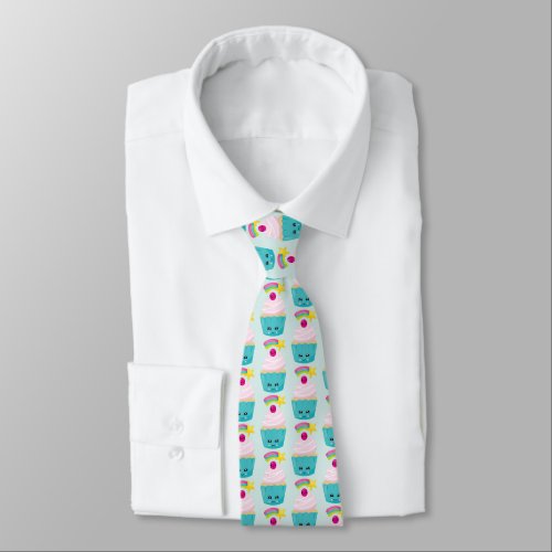 Cute Blue Cupcake with Kawaii Face Pattern Neck Tie