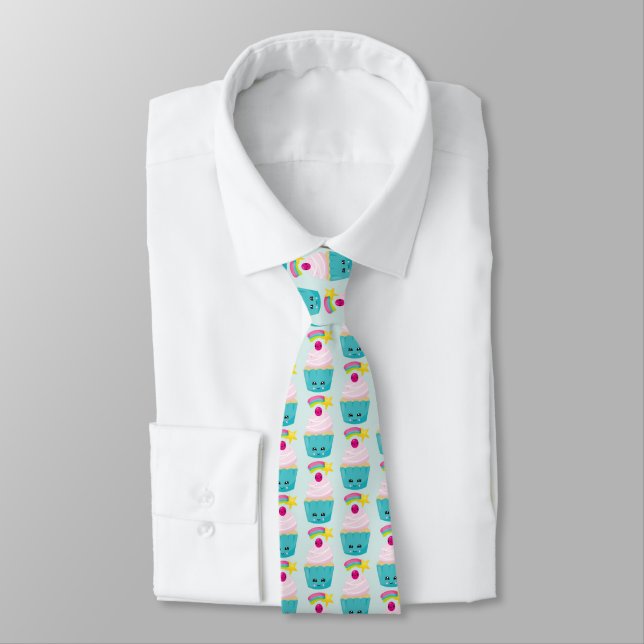 Cute Blue Cupcake with Kawaii Face Pattern Neck Tie (Tied)