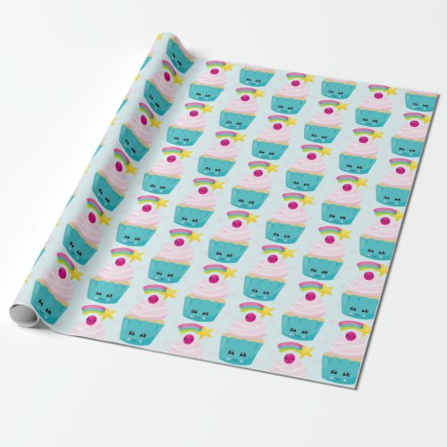 Cute Blue Cupcake with Kawaii Face Pattern Wrapping Paper