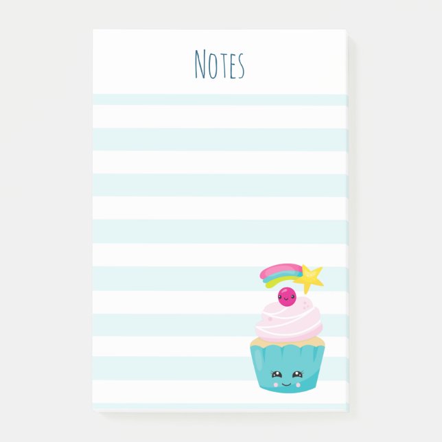 Cute Blue Cupcake with Kawaii Face Post-it Notes (Front)