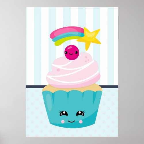 Cute Blue Cupcake with Kawaii Face Poster