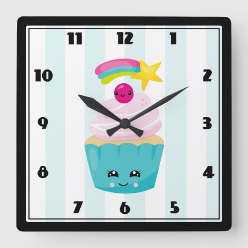 Cute Blue Cupcake with Kawaii Face Square Wall Clock