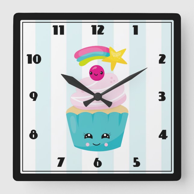 Cute Blue Cupcake with Kawaii Face Square Wall Clock (Front)