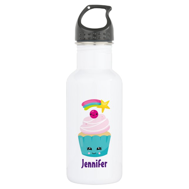 Cute Blue Cupcake with Kawaii Face Stainless Steel Water Bottle (Front)