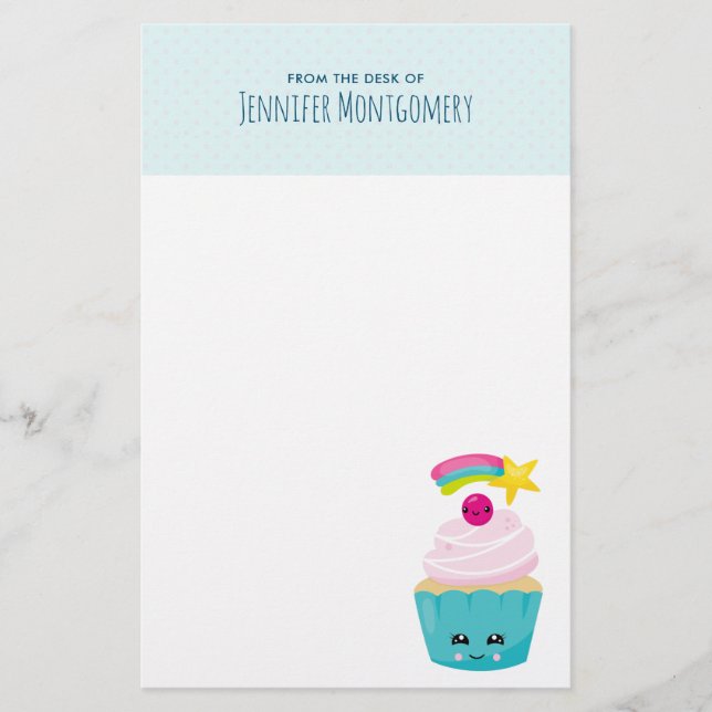 Cute Blue Cupcake with Kawaii Face Stationery (Front)