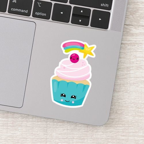 Cute Blue Cupcake with Kawaii Face Sticker