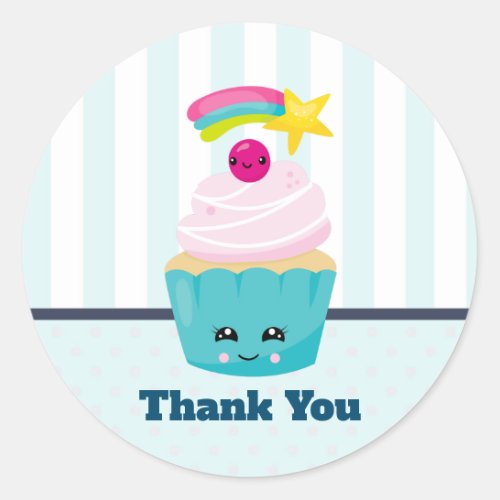 Cute Blue Cupcake with Kawaii Face Thank You Classic Round Sticker