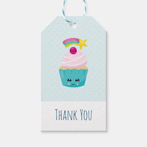 Cute Blue Cupcake with Kawaii Face Thank You Gift Tags