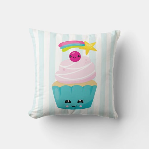 Cute Blue Cupcake with Kawaii Face Throw Pillow