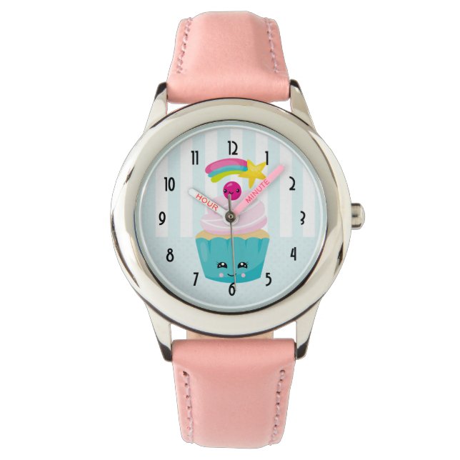 Cute Blue Cupcake with Kawaii Face Watch (Front)