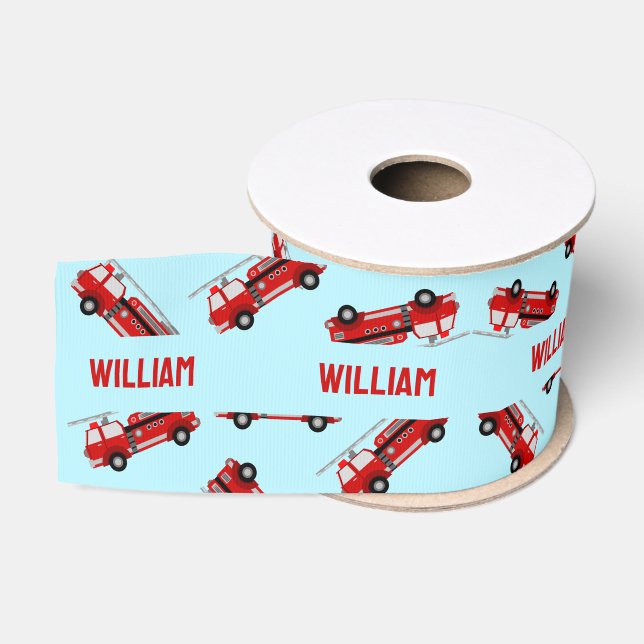 Cute Blue Custom Name Firetruck Kids Birthday Grosgrain Ribbon (Spool)