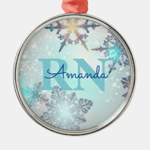 Cute Blue Custom Personalized Name RN Nurse Metal Ornament