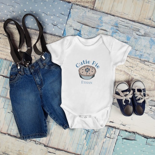 Cute Blue Cutie Pie Baby Boy Baby Bodysuit (Cute Personalized Baby Name "Cutie Pie" Baby Boy Bodysuit. Hand-Drawn Blueberry Pie. )