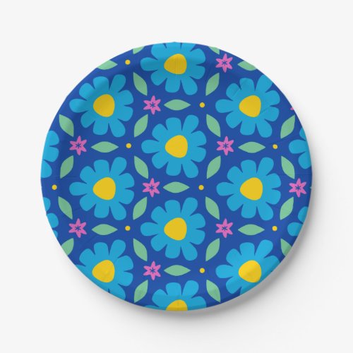 Cute Blue Daisies on Bright Blue Wrapping Paper Paper Plates